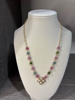 NWOT- Tory Burch Gold Necklace with Pink, Green, Blue Beads and Pearl Flower